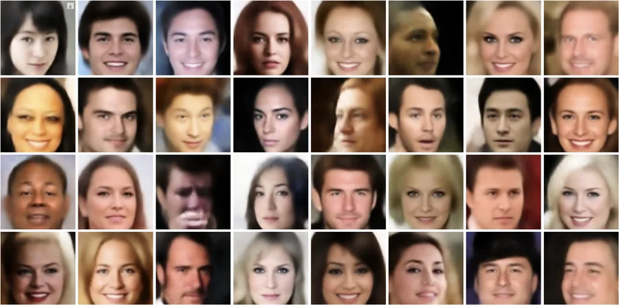 Grid of novel faces generated by a VAE